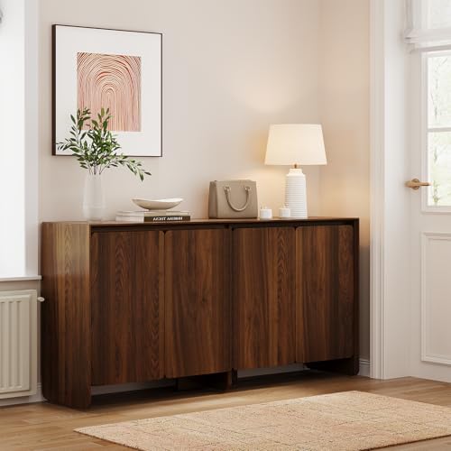 ONBRILL 63" Sideboard Buffet Cabinet with Storage, Buffet Sideboard Cabinet with 4 Doors & Adjustable Shelves, Modern Coffee Bar Console Table for Living Room, Kitchen, Entryway - color: Walnut