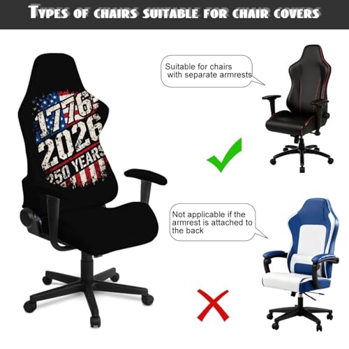 American Flag Print 4Pcs Gaming Chair Slip Cover Set United State 250th Anniversary Game Chair Cover with Armrest Covers, Universal Fit, Machine Washable - color: Black and Multi - American Flag