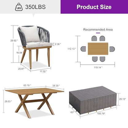PURPLE LEAF 7 Pieces Patio Dining Set with Waterproof Furniture Cover Rectangular Table and Chairs Set for Garden Deck Aluminum Frame Backyard Kitchen Set, Cushions and Pillows Included Teak - color: Teak, size: 7 Pcs, style: with Furniture Cover