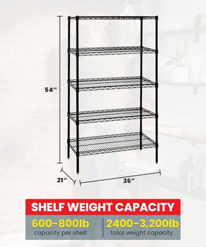 Quantum Storage Systems WR54-2136BK Wire Shelving Starter Kit, 36" W x 21" D x 54" H, 600 lbs Capacity, Carbon Steel, Epoxy Coated, Black, NSF - color: Black Epoxy, size: 54H x 36W x 21D