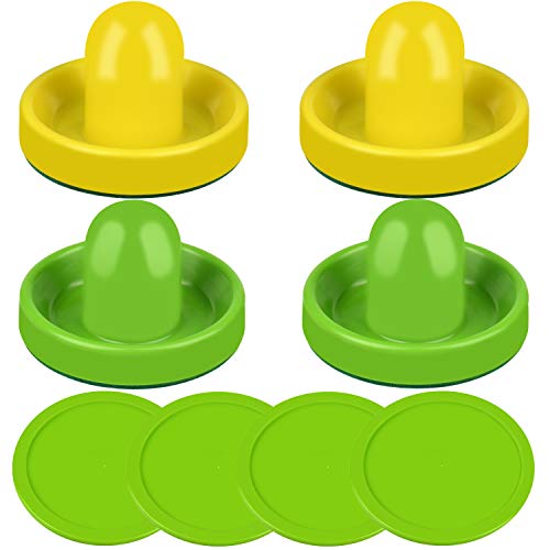ONE250 Air Hockey Pushers and Red Air Hockey Pucks, Goal Handles Paddles Replacement Accessories for Game Tables (4 Striker, 4 Puck Pack) - color: Green & Yellow