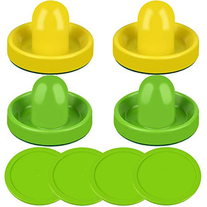 ONE250 Air Hockey Pushers and Red Air Hockey Pucks, Goal Handles Paddles Replacement Accessories for Game Tables (4 Striker, 4 Puck Pack) - color: Green & Yellow
