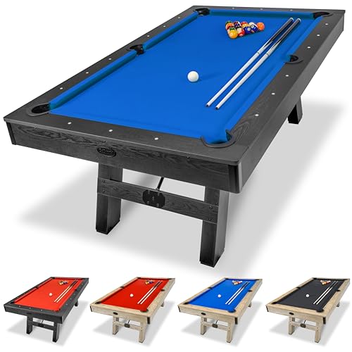 GoSports 7 ft Pool Tables with Wood Finish - Choose Your Style - Modern Billiards Table with 2 Cue Sticks, Balls, Rack, Felt Brush and Chalk - style: Blue, Black Wood Finish