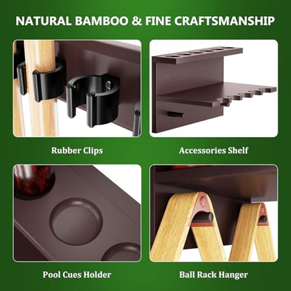 Wall Mount Pool Stick Holder, Bamboo Billiards Cue wall Rack for 6 Cues and Pool Table Accessories Storage Equipment Organizer, Dark Brown