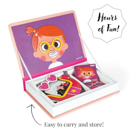Janod MagnetiBook 66 pc Magnetic Girl Crazy Face Dress Up Game - Ages 3+ - Creative Play - Enhances Creativity and Learning - Includes 55 Magnetic Pieces and 10 Cards - style: Girl Crazy Faces Dress Up