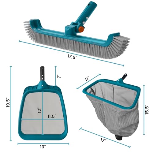 Economy Swimming Pool Cleaning Kit - Fine Mesh Deep Pool Rake & Leaf Skimmer Net, Rotatable Pool Brush Head for Cleaning Above Ground & Inground Pools (No Pole)