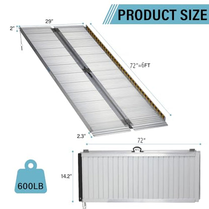 6 Feet Aluminum Folding Wheelchair Ramp | Non-Skid Handicap Threshold Wheel Chair Ramp for Home Steps, Stairs, Entry, Threshold, Doorways, 600LBS Capacity,28in Wide - size: 6FT-bi-fold-silvery