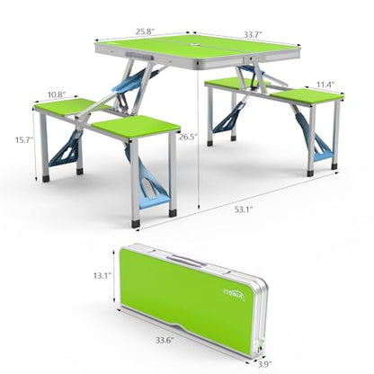 VINGLI 4Ft Portable Folding Picnic Table Camping Table Foldable Set with 4 Seats with Umbrella Hole Suitcase Card Table-220 Lbs Support Aluminum Frame, Plastic RV Tabletop for Yard, Travel-Black - color: Green