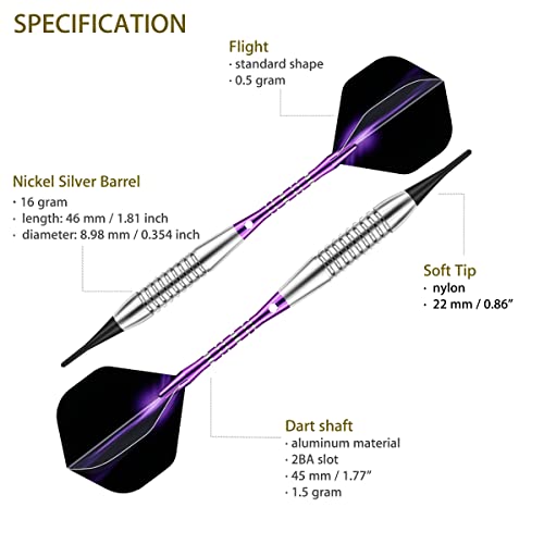 Darts Plastic Tip Set - 18g 21g Colorful Rainbow Soft Tip Darts 50 Anti-Loose O-Rings 6 Shaft (Aluminum/Nylon 45mm) 6 Durable Flights Extra 50 Soft Tips Electronic Dartboard - color: Purple-02-DARTB