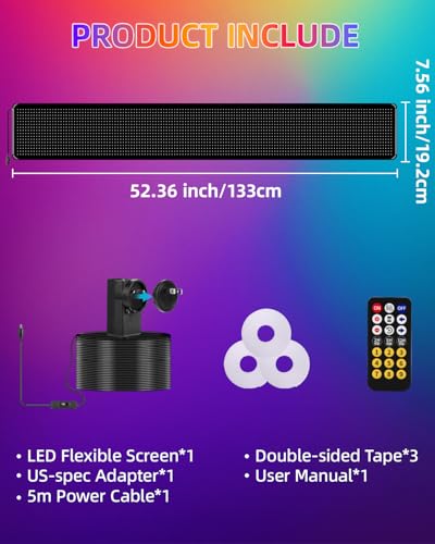 52"*7.5" Large Programmable Soft LED Sign, Flexible Easy Install,Pre-Made Animations & Customizable Text,21-Key Remote Control and app Control,for Store,School,Hotel,Bar - size: 52"*7.5"