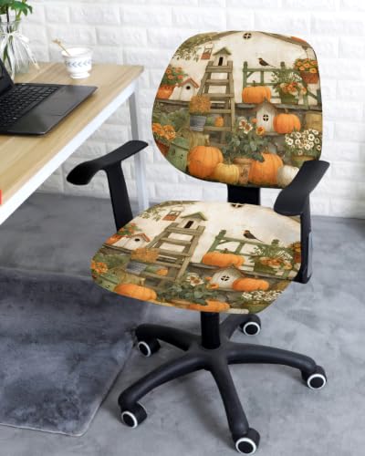 Savannan Office Chair Cover, Fall Thanksgiving Pumpkin Leaves Protective Stretch Elastic Universal Cover for Desk Task Chair,Computer Rotating Chair 1 Pcs Vintage Wooden Cottage
