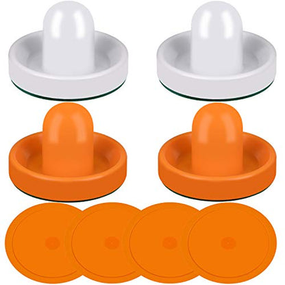 ONE250 Air Hockey Pushers and Red Air Hockey Pucks, Goal Handles Paddles Replacement Accessories for Game Tables (4 Striker, 4 Puck Pack) - color: White & Orange