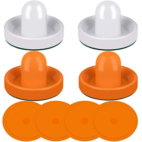 ONE250 Air Hockey Pushers and Red Air Hockey Pucks, Goal Handles Paddles Replacement Accessories for Game Tables (4 Striker, 4 Puck Pack) - color: White & Orange