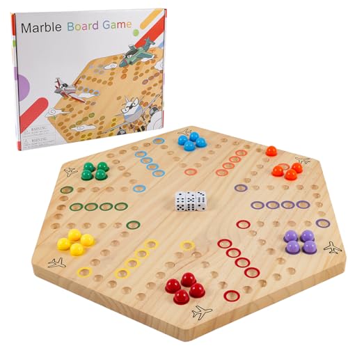 Large Size 20 inches Wood Wahoo Marble Board Game 2 Sided Game 4-6 Player for Friends and Family Party, Classic Wahoo Style Strategy Racing Game with 6 Dices,30 Marbles (Log) - color: Large, Natural Wood
