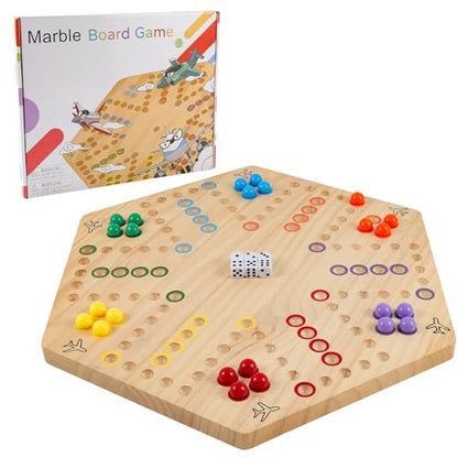 Large Size 20 inches Wood Wahoo Marble Board Game 2 Sided Game 4-6 Player for Friends and Family Party, Classic Wahoo Style Strategy Racing Game with 6 Dices,30 Marbles (Log) - color: Large, Natural Wood