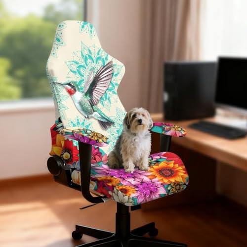 Suobstales Boho Mandala Hummingbird Pattern Gaming Chair Covers, Stretchable Office Computer Chair Slipcover with Armrest Covers, Elastic Seat Protector for Office Reclining Racing Game Chair - color: Boho Mandala Hummingbird