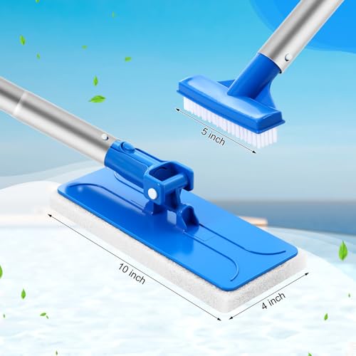 Tioncy 3 Pcs Pool Brushes Kit with 47" Pole Adjustable, 10" Pool Brush Head, Hand Scrub Brush & Scouring Sponge Pads with Aluminum Pole for Spa Hot Tub Bathroom Kitchen Home Tiles Walls Floors