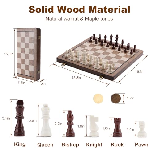 15 Inch Magnetic Wooden Chess Set with Folding Board and Chess Piece Storage Slot, Handmade Portable Travel Chess Game Sets for Kids Adults Beginner and Pros, Carry Bag, 2 Extra Queens