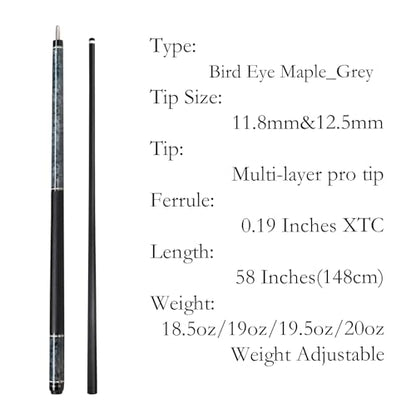 Carbon Fiber Pool Cue,11.8mm/12.5mm Low Deflection Cue Stick,Professional Pool Stick with Case - color: Bird Eye Maple_Grey, size: 12.5mm