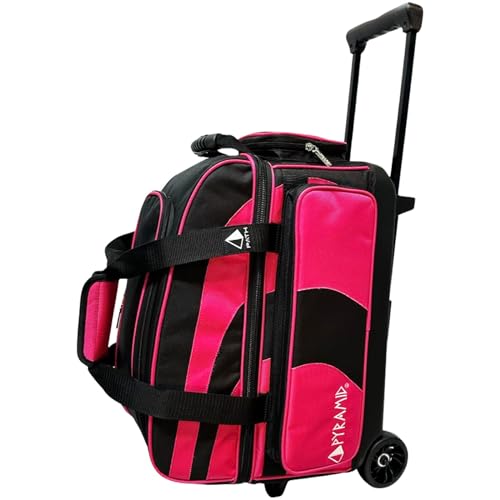 Pyramid Deluxe Double Roller 2 Ball Bowling Bag with Large Separate Shoe Compartment (Up To 2 Pairs Of Shoes) and Accessory Pockets, Sturdy Square Handle - Extends to 40" - Pro Options Available - color: Pro Black/Hot Pink