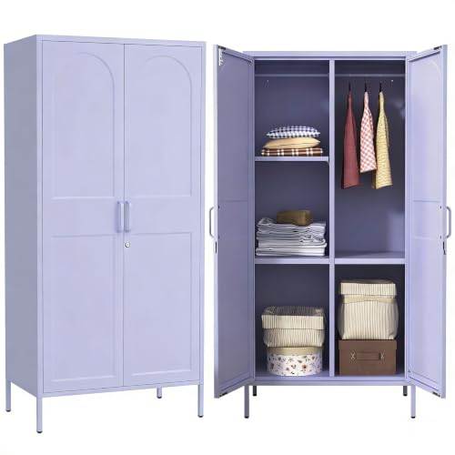67" Industrial Lockable Metal 2-Door Wardrobe Storage Cabinet with Hanging Rod & Adjustable Shelves, Heavy Duty Multipurpose for Bedroom, Garage, Home Office, Purple 67" H X 31.5" W X 18.1" D - color: Lilac, style: Wardrobe-67"H-YX