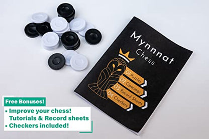 Mynnnat Professional Chess Set, Thick Tournament Roll up Board and Pieces with Travel Bag, Checkers and Unique Booklet for Chess Training - White & Green