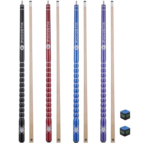 Pool Cues Set of 4, 58" 2-Piece Canadian Maple Billiard Sticks with Ergonomic Grip & 13mm Tip, Pro Pool Stick in 4 Colors & 4 Weights (18-21oz) for Home Bar, Incl 2 Chalks - color: Purple+Blue+Red+Black