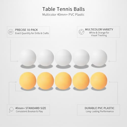 Table Tennis Balls 10 Pack, Multicolor 40mm+ PVC Plastic Ping Pong Balls for Training Drills and DIY Crafts (10-Pack)