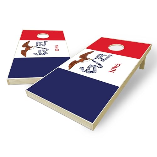 State Flag Solid Wood Regulation Cornhole Set 4 Feet x 2 Feet Includes Set of 8 Bags and Carrying Case with Optional LED Lights and Lamination - style: Iowa