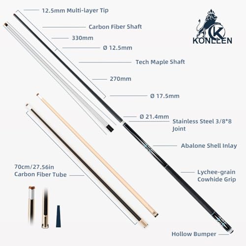KONLLEN Pool Cue Stick with Hand-Inlaid Design and Dual Shafts, Low Deflection Billiards Cue with Carbon Fiber Shaft and Reinforced Maple Shaft, Professional Pool Cue for Adults