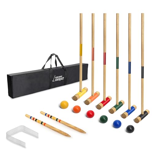 SPORT BEATS Six Player Croquet Set Solid RubberWood 32 Inch Mallets with Carry Case, Six Balls, Nine Wickets, 2 Stakes for Backyard Outdoor Games - color: Natural, size: 32 Inches