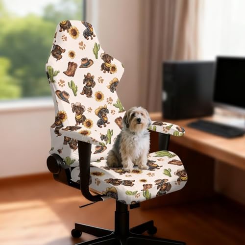 Suobstales Dachshund Paw Sunflower Cactus Cowboy Pattern Gaming Chair Cover, Stretchy 4pc/Set Ergonomic Office Computer Game Chair Slipcovers with Armrest Covers/Back Covers/Seat Cover - color: Dachshund Paw Sunflower Cactus Cowboy