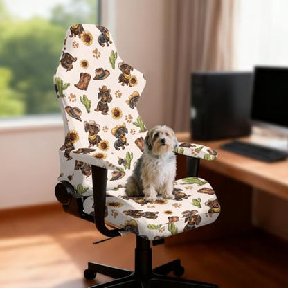Suobstales Dachshund Paw Sunflower Cactus Cowboy Pattern Gaming Chair Cover, Stretchy 4pc/Set Ergonomic Office Computer Game Chair Slipcovers with Armrest Covers/Back Covers/Seat Cover - color: Dachshund Paw Sunflower Cactus Cowboy