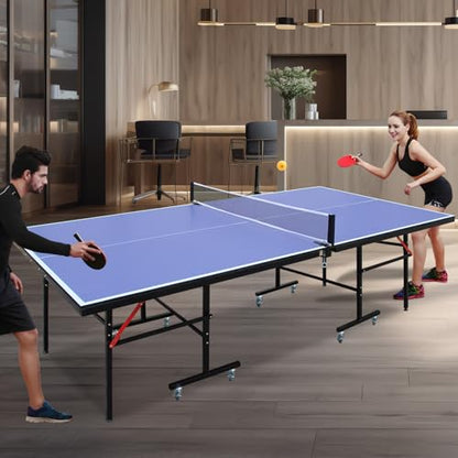 IUNNDS Portable Table Tennis Table 6/8/8.5/9FT Foldable Ping Pong Game Set for Indoor with Net and Post Set, 2 Paddles and 3 Balls - color: Blue-8FT with Wheel