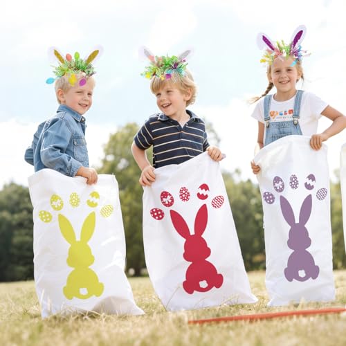 12 PCS Easter Potato Sack Race Bags with Headbands for All Ages Kids Easter Bunny Theme Party Favor,Easter Eggs Hunt Games Party Supplies Birthday Carnival Backyard Activities(6 Styles)
