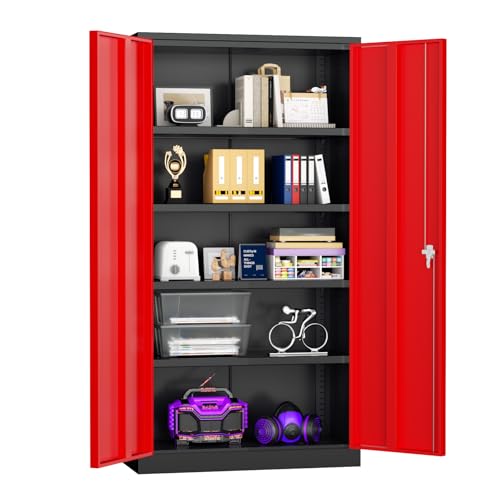 Superday Metal Storage Cabinets, 72" Storage Cabinet with Locking Door, Tall Garage Cabinet with 2 Doors and 4 Adjustable Shelves for Home Office, Classroom, Easy Assemble(Black Red) - color: Black Red, size: 72" Storage Cabinet