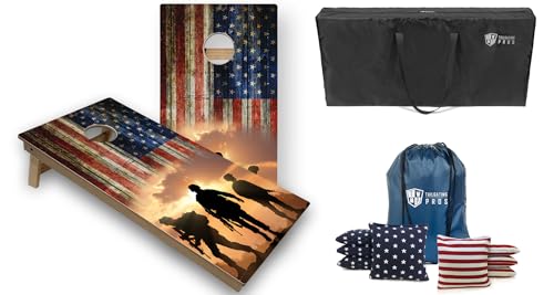 Tailgating Pros Tournament Grade American Themed Cornhole Board Set w/Bean Bags and Carrying Case - 4'x2' Cornhole Set - color: Three Soldiers