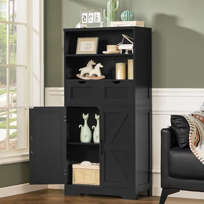 TEENFON Storage Cabinet with Doors & 2 Drawers, Kitchen Cabinet with Adjustable Shelf, Pantry Cabinets, Bathroom Cabinets, for Living Room, Entryway, Home Office, Black - color: Black