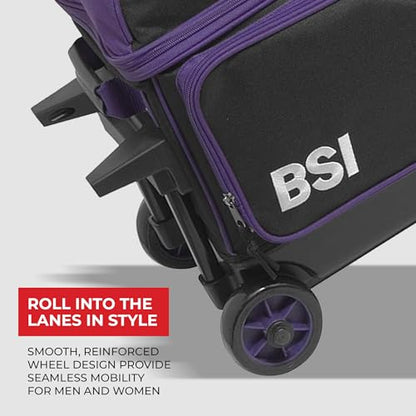 BSI Dash Roller Bowling Bag with Smooth Rolling Wheels, Padded Ball Compartment, Retractable Locking Handle, & Shoe Pocket - color: Black/Purple/White, style: Triple