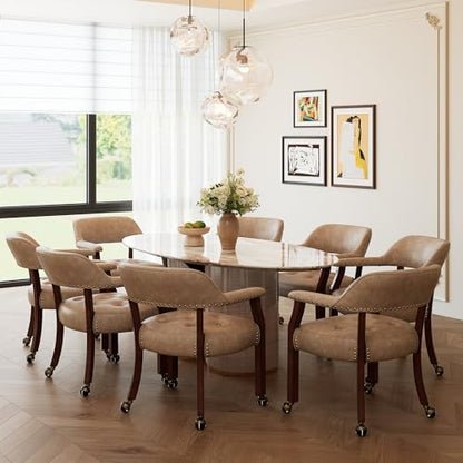 Set of 4 Dining PU Leather Chairs with Casters & Arms, Accent Kitchen Table Chairs with Wheels, Wood Captains Rolling Roller Poker Table Chair, Cherry&Yellowish Brown PU 1533PMB(NO Table!) - color: Cherry &Yellowish Brown Pu