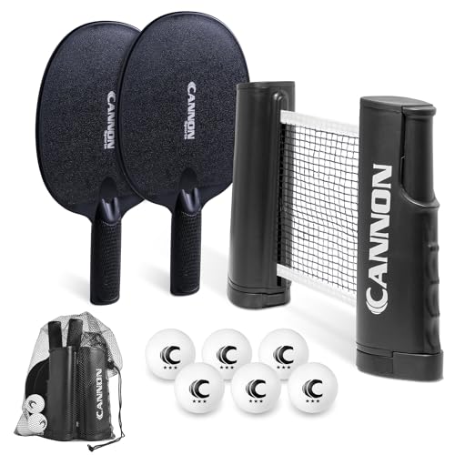 Cannon Sports Table Tennis Set – 2 Unbreakable Paddles, 6 3-Star Balls, Retractable Net & Carry Bag – Clamp-On Portable Ping Pong Net Fits Tables up to 2 Inch Thick, Extends to 6 Feet - color: Black