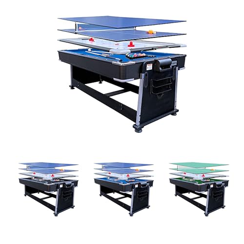 RACK Triad 7-Foot 3-in-1 Multi-Game Swivel Table - Billiards/Pool, Table Tennis & Air Hockey - color: Blue Felt With Black Body
