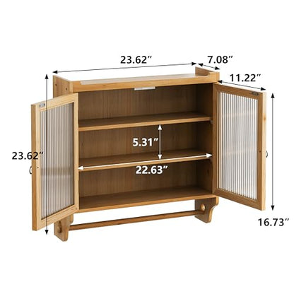 Retro Style Haze Double Glass Door Wood Wall Cabinet with Detachable Shelves for Office, Dining Room,Living Room, Kitchen and Bathroom Natural - color: Natural