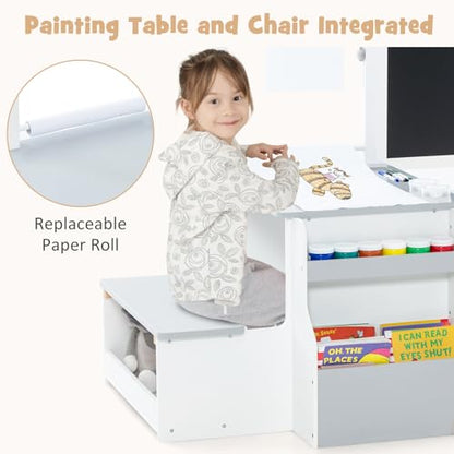 INFANS 3 in 1 Kids Art Table and Chair Set, Toddler Craft and Play Wood Activity Desk with Double-Sided Easel Blackboard Whiteboard, Paper Roll for Writing, Children Furniture for Daycare Nursery - style: Grey