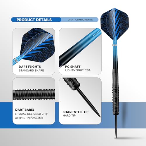 12 Pack Steel Tip Darts Set, 18g Professional Darts Metal tip with 4 Style Darts Flights with Protectors, Sharpening Stone &Darts Case, Ideal for Beginners, Home, Pub & Office Indoor