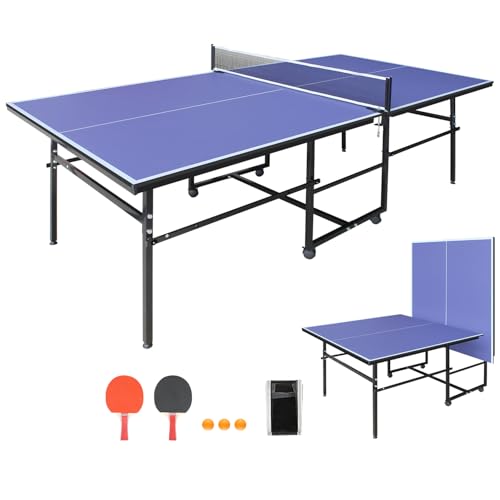 KEIKI Foldable 8FT/8.5FT/9FT Ping Pong Table Set, Portable Indoor Table Tennis Table with 0.2'' Durable MDF Top, Quick Game Mesa de Ping Pong para Adultos with Net, 2 Paddles & 3 Balls - color: Blue, size: 8.5FT×4.3FT