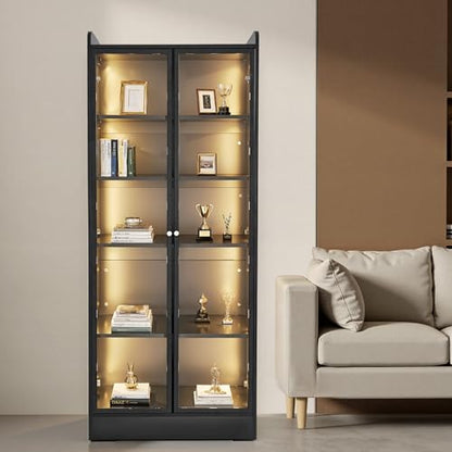 VEVOR Display Cabinet with Doors, 67in Tall Display Case with 2 Adjustable Shelves, 3 LED Lights, 5-Tier Curio Collectibles Storage Cabinet, Bookshelf Bookcase for Pantry Bedroom Living Room Office - size: 67in
