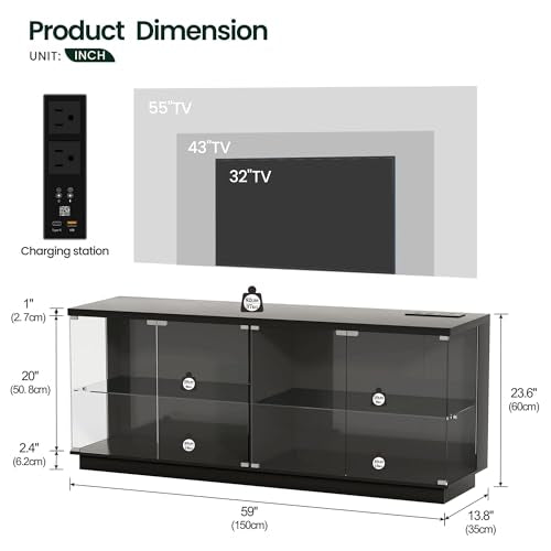 Lvifur 59" W Large Display Case - with Glass Door,Glass Display Cabinet with RGB Lights for Collectibles,Lighted Cuiro Cabinet with Motion Sensor Light,Charging Station,China Cabinets,Black - color: Black