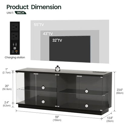 Lvifur 59" W Large Display Case - with Glass Door,Glass Display Cabinet with RGB Lights for Collectibles,Lighted Cuiro Cabinet with Motion Sensor Light,Charging Station,China Cabinets,Black - color: Black