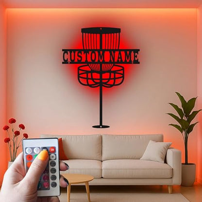 Custom Disc Golf Basket Led Light Metal Wall Art Personalized Gift for Disc Golfers Game Room or Outdoor Decor